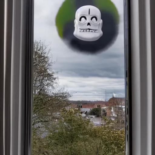 Prompt: a threateningly ominous smile from a window, far away