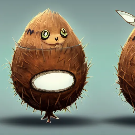 Image similar to A pokemon that looks like a coconut, which splits in half into wings,Trending on art station. Unreal engine.