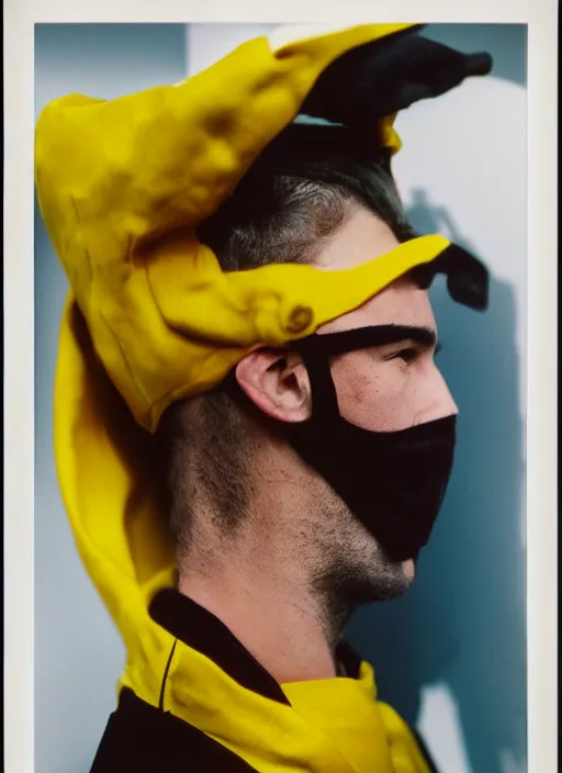 Image similar to a fashion portrait photograph of a man wearing a yellow mask designed by jean paul gaultier, 3 5 mm, color film camera, pentax