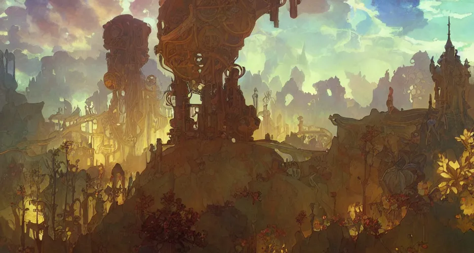 Image similar to A beautiful landscape painting of steampunk landscape by Alfons Maria Mucha and Julie Dillon and Makoto Shinkai