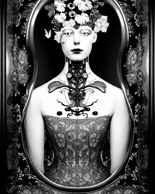 Prompt: black and white masterpiece profile portrait painting, dutch masters, silver lace floral steampunk biomechanical beautiful one techno eye young female cyborg, big monocular, volumetric light, leaves foliage and stems, hibiscus flowers, by dora maar, rim light, big gothic fashion pearl embroidered collar, 8 k