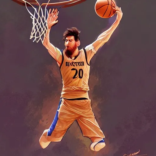 Prompt: Messi dunking a basketball in the NBA, D&D style, fantasy, intricate, elegant, highly detailed, digital painting, artstation, concept art, matte, sharp focus, illustration, art by Artgerm and Greg Rutkowski and Alphonse Mucha