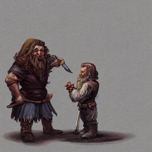 Prompt: a dwarf metting a gian in the style of michael whelan