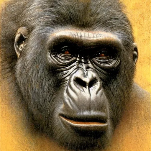 Prompt: highley detailed potrait of a silverback gorilla, painting by gaston bussiere, craig mullins, j. c. leyendecker, lights, art by ernst haeckel, john william godward, hammershøi,