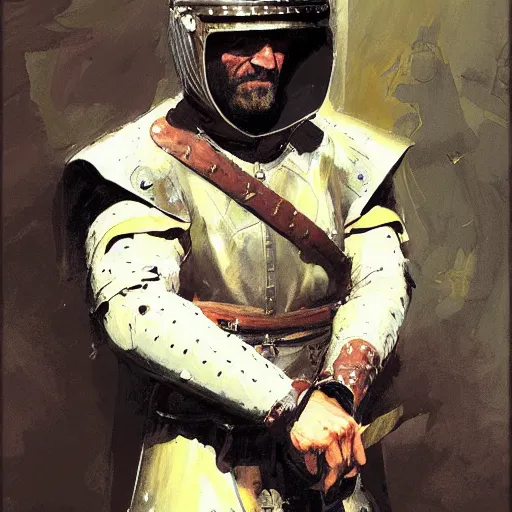 Image similar to portrait of man wearing gambeson and sallet helmet, holding sword, attacking, dramatic, detailed by greg manchess, craig mullins, bernie fuchs, walter everett