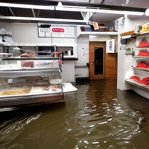 Image similar to a flooded butcher shop, where's wally