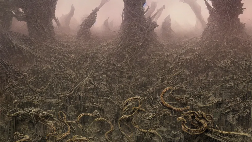 Prompt: Gnarly snakes bursting out of a dark mossy futuristic city, digital art by Zdzisław Beksiński , Ruan Jia, Rudolf Béres, Tsutomu Nihei