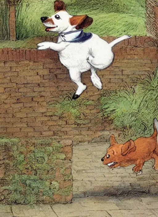 Image similar to jack russel terrier jumping on brick fence, illustrated by peggy fortnum and beatrix potter and sir john tenniel