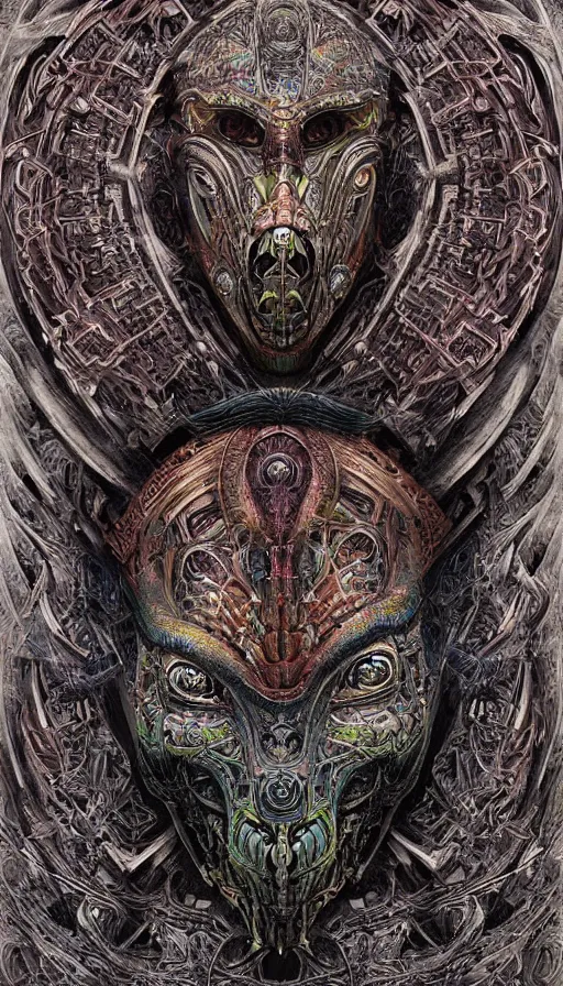 Prompt: Chromatic crystal themed painting of ancient biomechanical hybrid aztec fantasy human serpent demon face mask tattoo pattern concept, infinity glyph, intricate artwork by, Johnatan Wayshak, Zdizslaw Beksinski, Ayami Kojima, Amano, Karol Bak, Greg Hildebrandt, and Mark Brooks, Neo-Gothic, gothic, rich deep colors, art by Takato Yamamoto, masterpiece, face by Artgerm, H.R. Giger, very coherent artwork, cinematic, hyper realism, high detail, octane render, unreal engine, 8k, High contrast, golden ratio, trending on cgsociety, ultra high quality model, production quality cinema model