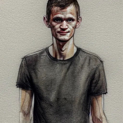 Image similar to full body sketch of vitalik buterin, high detail face, perfect anatomy, watercolor background, pencil art, ink and pencil, hyperrealistic, hyperdetailled, digital art, greg rutkowski, artstation, 8 k, beautiful drawing, paper texture, spray paint, watercolors