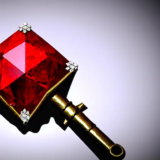 Prompt: a 3d game object of the metal key, very realistic, with large red diamond in it, it is very detailed, on the white background, rpg game inventory item