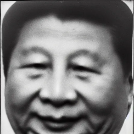 Image similar to photo of Xi Jinping by Diane Arbus, extreme closeup, black and white, high contrast, Rolleiflex, 55mm f/4 lens