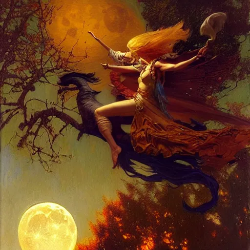 Image similar to witch flying, trough the night, fantasy, full moon in background. highly detailed painting by gaston bussiere, craig mullins, j. c. leyendecker 8 k