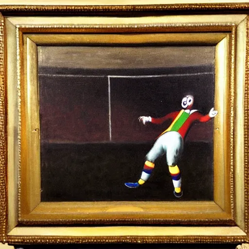 Prompt: an oil painting of a clown watching soccer, goya, dark,