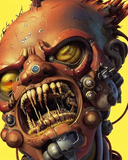 Image similar to junkrat from overwatch, closed mouth smile, character portrait, portrait, close up, concept art, intricate details, highly detailed, vintage sci - fi poster, in the style of chris foss, rodger dean, moebius, michael whelan, and gustave dore