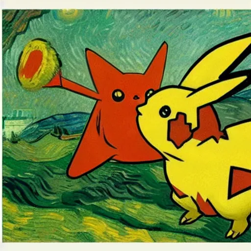 Prompt: van Gogh paintings pokemon card Pikachu glistening in oil, posing. McGinnis, pulp comic style, circa 1958, photorealism