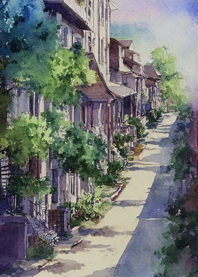 Image similar to street lined with old residential houses summer watercolor by arti chauhan trending on artstation