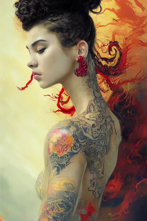 Prompt: an epic painting of a 1 9 years old girl figure, curly messy high bun hairstyle, oriental tattoos, subject wearing a gold and ruby high fashion gown, flowing, ornate, beautiful, dramatic earth colors, with few fire red highlights, by jeremy mann and greg rutkowski, 8 0 mm lens, rule of thirds, trending on artstation, oil on canvas