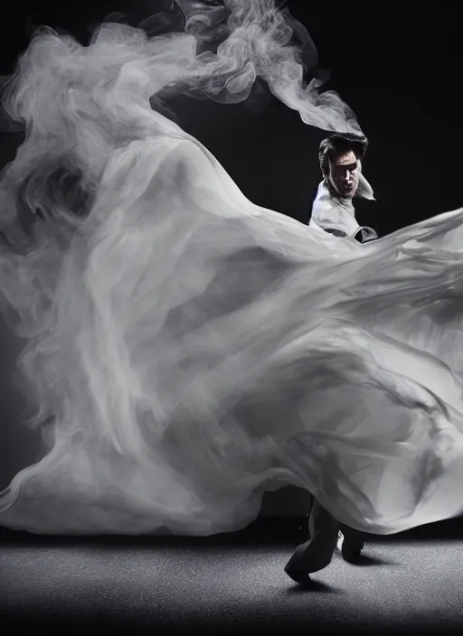 Prompt: a photorealistic dramatic hyperrealistic render of a glamorous beautiful elvis presley by ken brower and deborah ory of nyc dance project, lois greenfield, flowing cloth and smoke, beautiful dynamic dramatic dark moody lighting, volumetric, shadows, cinematic atmosphere, octane render, 8 k