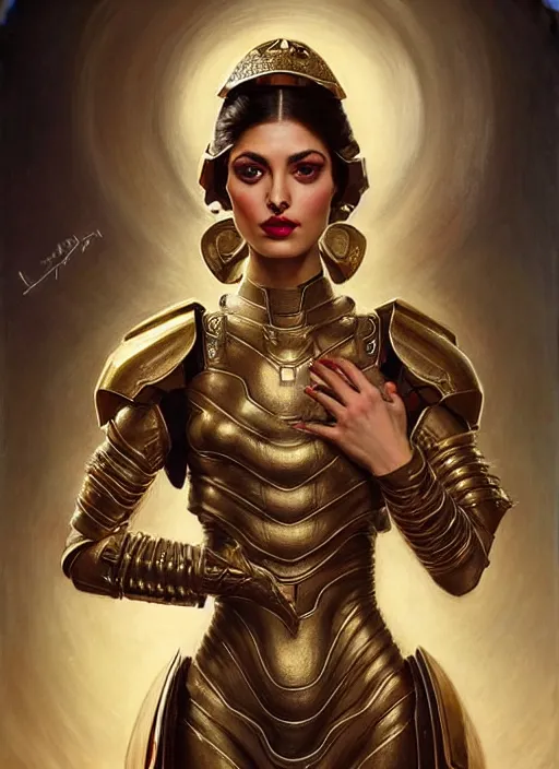 Prompt: glamorous persian portrait, seductive eyes and face, elegant, lascivious pose, very detailed face, studio lighting, photorealism, wearing Forerunner armor from Halo portrait by Magali Villeneuve and Steve Argyle,Livia Prima,Mucha,dress,fantasy art,beautiful,artstation,trending on artstation,intricate details,alluring,masterpiece
