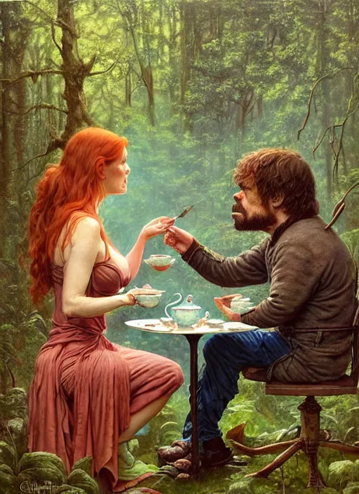 Image similar to peter dinklage having tea with isla fisher at a shrine in the woods gorgeous lighting, lush forest foliage blue sky a hyper realistic painting by chiara bautista and beksinski and norman rockwell and greg rutkowski weta studio, and lucasfilm