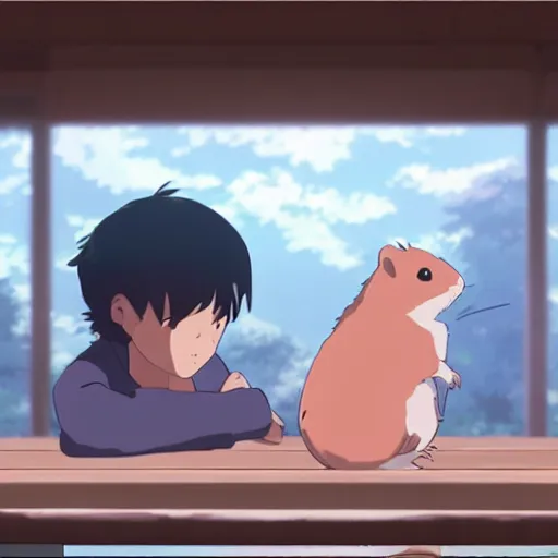 Image similar to A story about a kid and his hamster, by Dice Tsutsumi, Makoto Shinkai, Studio Ghibli