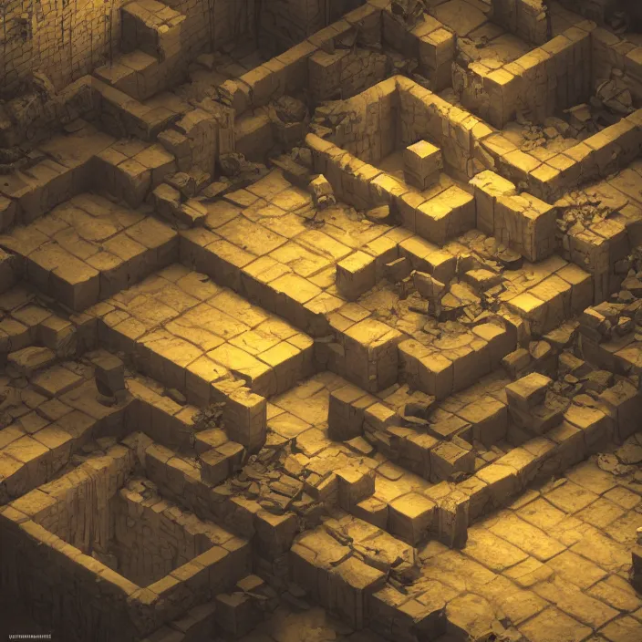 Prompt: isometric view of a dimly lit dungeon, broken tiles and debris, a 3 d render by paul kelpe, cgsociety contest winner, volumetric lighting, cinematic lighting, isometric