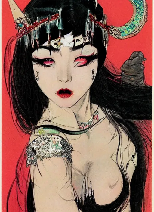 Image similar to female korean vampiress, jeweled headdress, heavy mascara, strong line, saturated color, beautiful! coherent! by frank frazetta, high contrast, minimalism