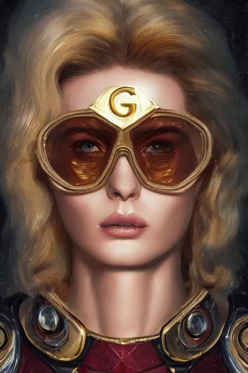 Prompt: ultra-detailed portrait oil painting of superhero with gold hair wearing designer Gucci glasses, highly detailed, digital painting, artstation, concept art, smooth, dark fantasy background, sharp focus, illustration, art, masterpiece by artgerm and greg rutkowski