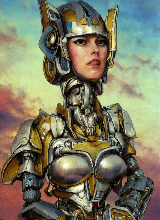 Prompt: biblical shy beautiful female mecha mage valkyree android on a bird, jump, rollerblades, heavy eyes to the side, closeup, bright glowing veins, in clouds, sunset, portrait, by gerald brom, by mikhail vrubel, by peter elson, muted colors, extreme detail, reflections, trending on artstation, 8 k