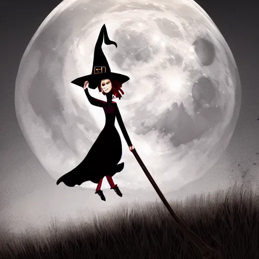 Prompt: A witch flying on a broomstick in front of a full moon, Halloween, digital painting, horror, dark, spooky, moody, artstation, pixiv, by Ekaterina Savic and Barret Frymire