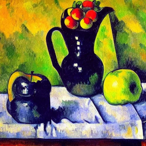 Prompt: a gauguinesque, plumping painting of apples and pitcher on table in room with green background by paul cezanne, flickr contest winner, fauvism, fauvism, picasso, painterly