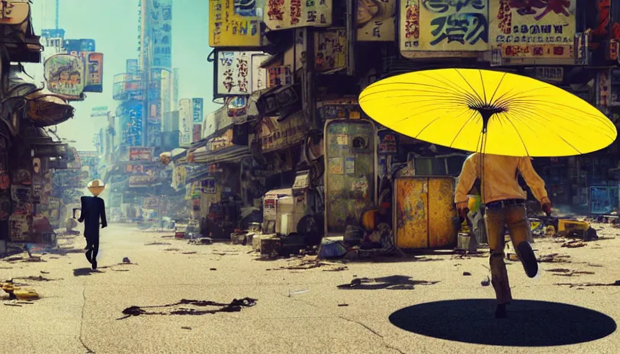 Image similar to incredible wide screenshot, ultrawide, simple watercolor, rough paper texture, anime movie scene, backlit distant shot of robot cowboy running away from the troubles of life, side view, yellow parasol in deserted dusty shinjuku junk town, broken vending machines