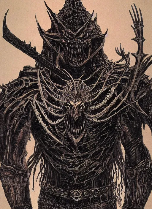 Image similar to demon knight in eldritch armor, blacklight poster on black paper, beautifully symmetrical, high detail render, by bernie wrightson greg rutowsk james jean