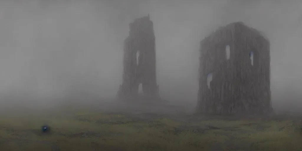 Image similar to A digital painting by Simon Stålenhag of Iceland´s gravel road monumental old ruins tower of a dark misty forest,overcast, sci-fi of Iceland landscape.