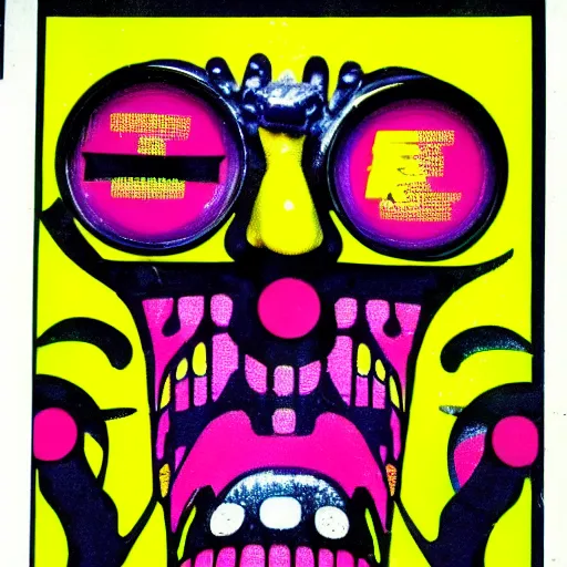 Image similar to psychedelic 1980s uk rave flyer, acid house, smiley face