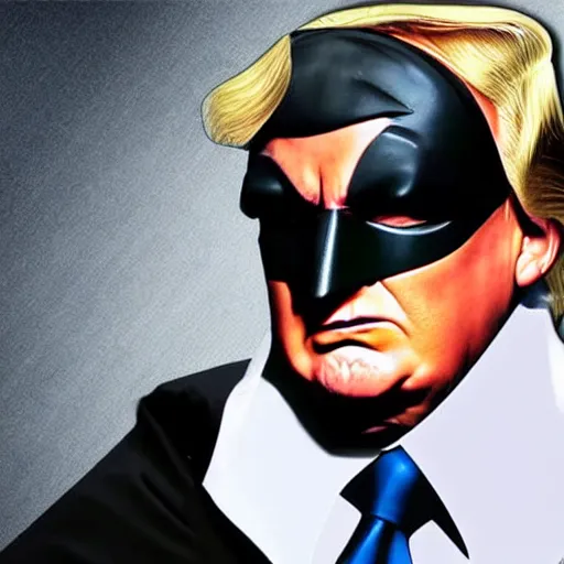 Prompt: donald trump wearing a batman mask hyper realistic