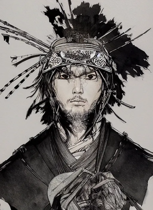 Image similar to portrait of a raven samurai, by takehiko inoue and kim jung gi and hiroya oku, masterpiece ink illustration,