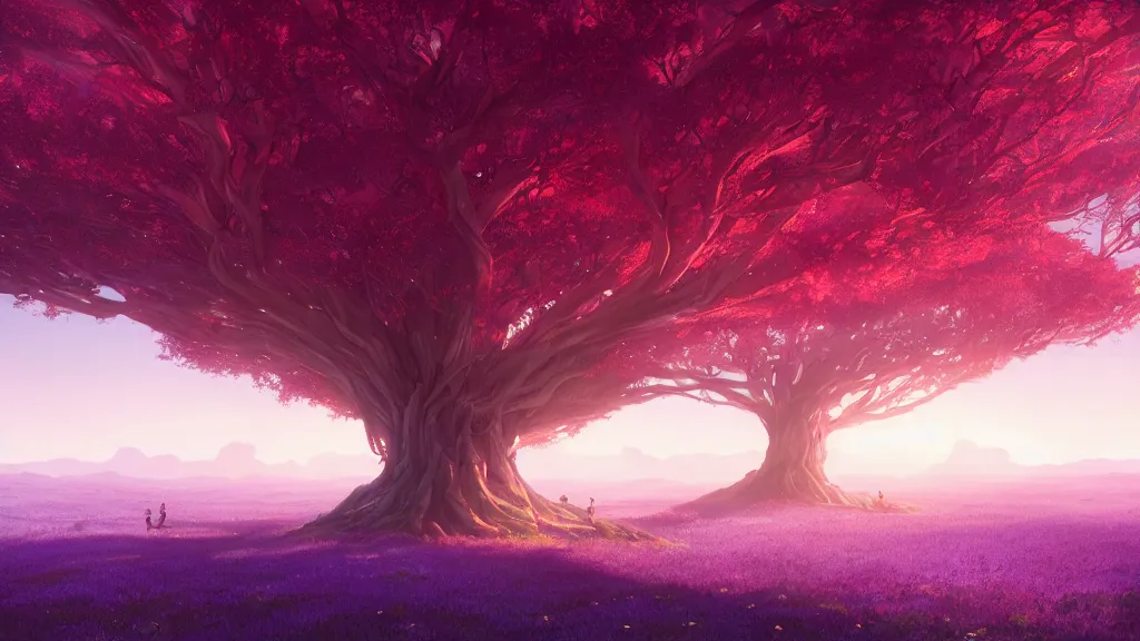 Prompt: giant violet tree overarching red plains, view from the ground, by sylvain sarrailh, rossdraws, ambient light, ultra detailed, fantasy artwork, 8 k, volumetric lighting, trending on artstation, award winning, very beautiful.