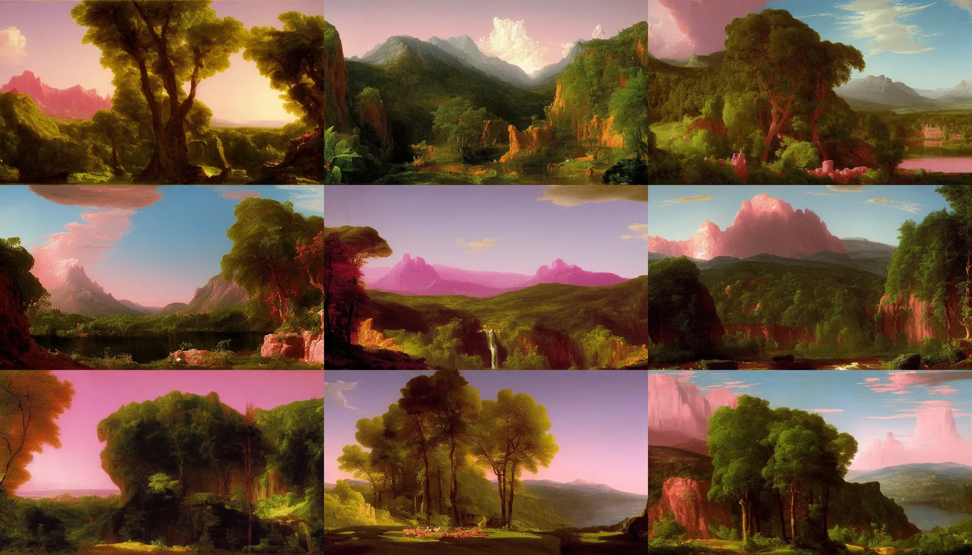 Image similar to pink american landscape, painted by thomas cole