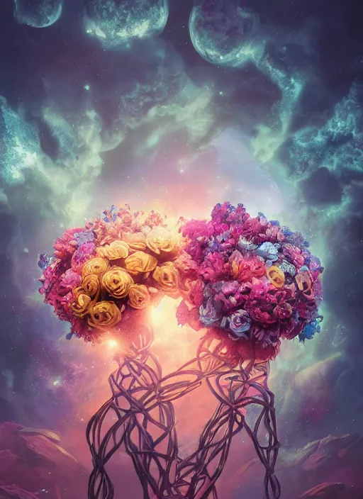 Image similar to An epic fantastic realism comic book style painting of the most beautiful entwined flowers launched across the dark galactic night sky, nebulous bouquets, fisheye lens, unreal 5, DAZ, hyperrealistic, octane render, dynamic lighting