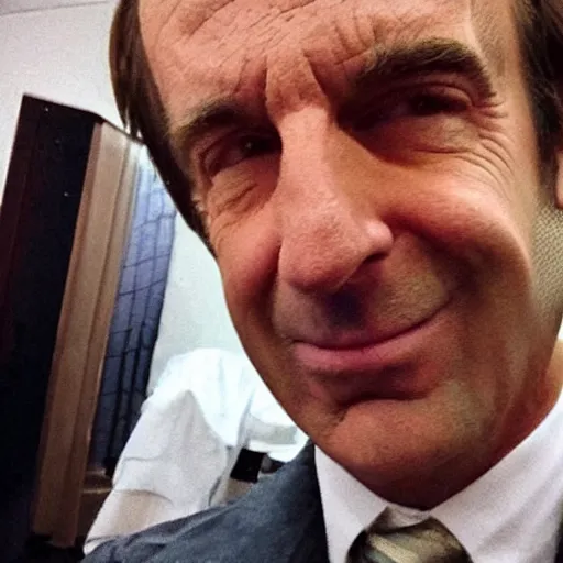 Image similar to zoomed in cameraphone photo low resolution Saul Goodman selfie