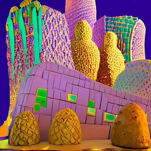 Image similar to The kinetic sculpture depicts a city made entirely out of kulich, a traditional Russian Easter bread. The city is bustling with activity, as people go about their day-to-day lives. The illustration is playful and whimsical, with a touch of magic. studio lighting, neon purple by Cindy Sherman chaotic