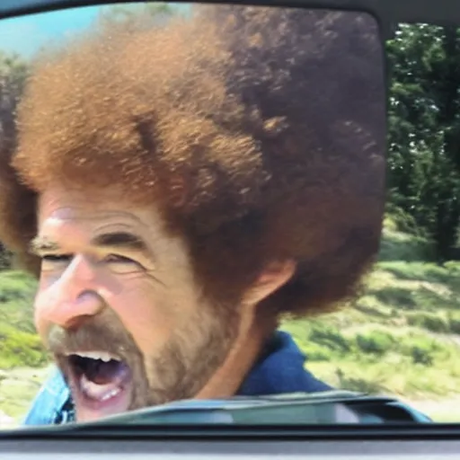 Prompt: a tiny screaming bob ross chasing you in rear view mirror