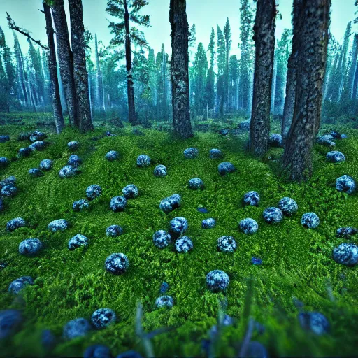 Image similar to artistic render of a scene with detailed blueberry bushes in a nordic forest. Digital art. 4K. Unreal engine. Trending on artstation.