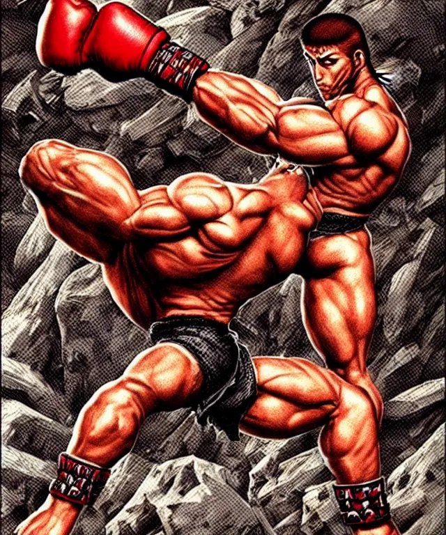 Image similar to extreme long shot. 8 bit nes graphics. antropomorphic muscular masculine wolf. kickboxer fighter, in shorts. wolf head. fine details, very sharp, art from nes game cartridge, marc simonetti and hermann nitsch