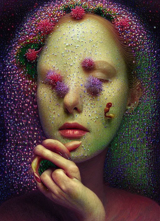 Prompt: hyper detailed 3d render like a Oil painting - Aurora (Singer) Eats of the Strangling Fruit and Her delicate Hands hold of gossamer polyp celium blossoms bring iridescent fungal flowers whose spores black the foolish stars by Jacek Yerka, Mariusz Lewandowski, Houdini algorithmic generative render, Abstract brush strokes, Masterpiece, Edward Hopper and James Gilleard, Zdzislaw Beksinski, Mark Ryden, Wolfgang Lettl, hints of Yayoi Kasuma, octane render, unreal engine 5 render, 8k