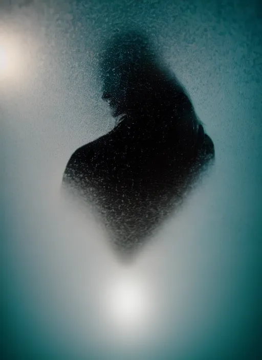 Image similar to crystallized human silhouette, large diffused glowing aura, long exposure, film grain, cinematic lighting, concept art, maximum detail, cgsociety, underwater, reflections, mirror