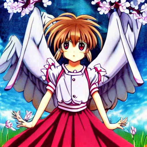 Image similar to Sakura from cardcaptor Sakura facing the absolute horror, very detailled fantasy art, trending