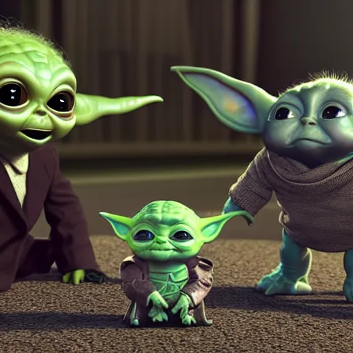 Image similar to real vintage photo, an alien baby meeting a little robot and baby yoda, detailed, hyper realistic, 4 k octan render, unreal 5